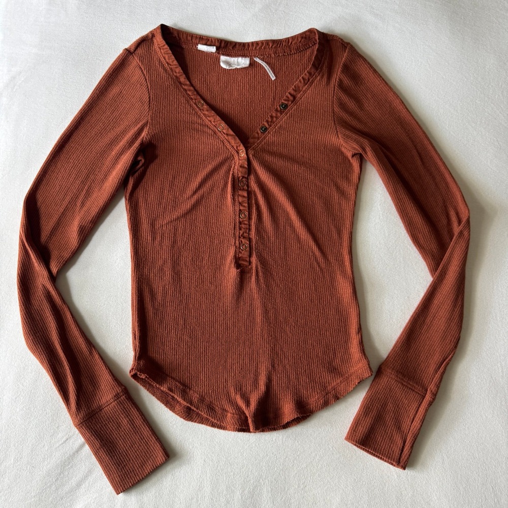 Rust Orange Ribbed Henley Thermal Top Size S Long Sleeve Y2K Preppy Grunge